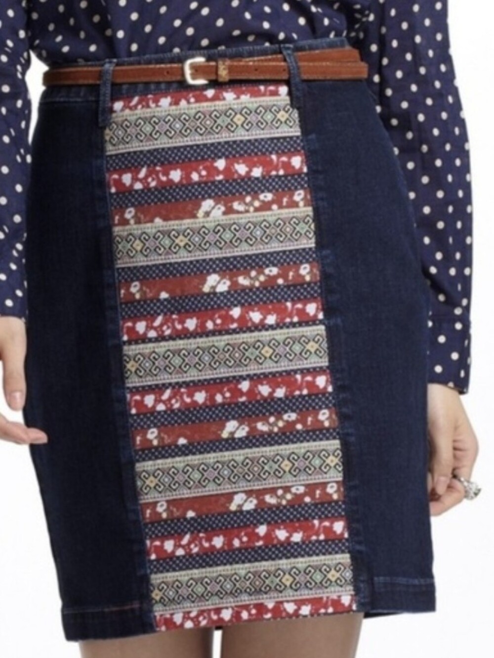 Anthropologie Denim Pencil Skirt with Red Patterned Front Panel